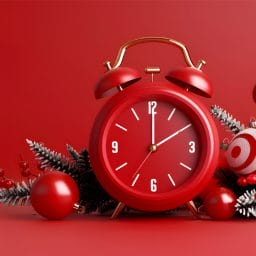 Red clock surrounded by christmas decorations to signify christmas countdown for optometry prescribing feedback.