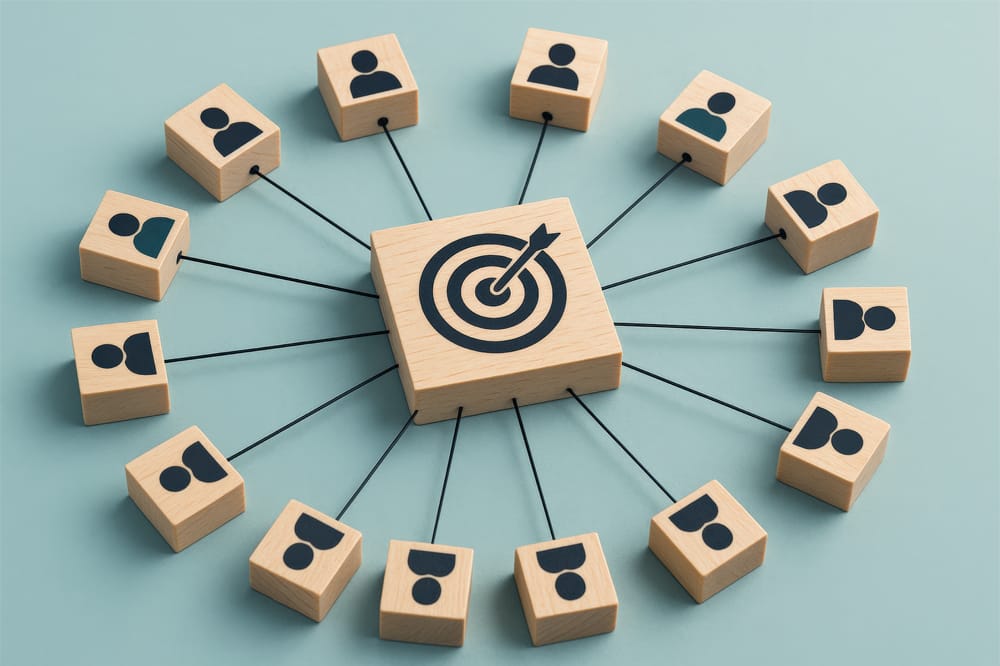 Graphic of a target as the centre of a wheel, surrounded by tiles representing people to portray aligned goals