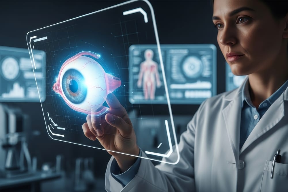 futuristic image of woman in doctor's coat looking at eyeball on a screen to signify AI in ophthalmology