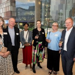 At the opening of the Health Translation Hub, from left: Professor Lisa Keay, Dr Tim Grant, Professor Padmaja Sankaridurg, Jane Ross, Yvette Wadell, and Craig Stamp. Photo by Cassandra Hannagan.