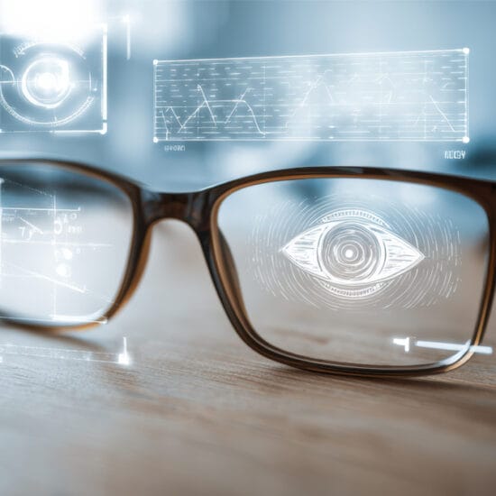 Graphic of glasses against calculations signifying AI in eyecare