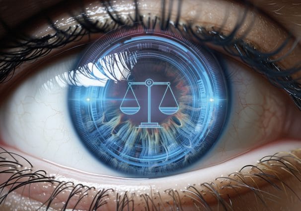 Image of eye with scales of justice overlaid on the eyeball