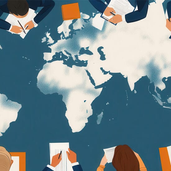 Map of the word with graphics of people taking notes around it.