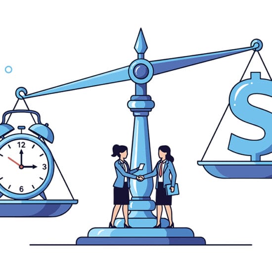 graphic of scales weighting up time and money symbolising ethics of time