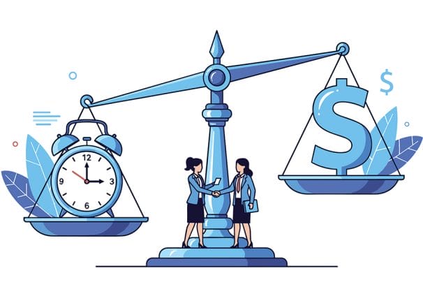 graphic of scales weighting up time and money symbolising ethics of time