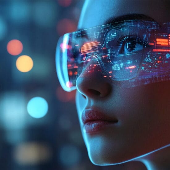 Futuristic image of woman wearing glasses to symbolise future of global optics market