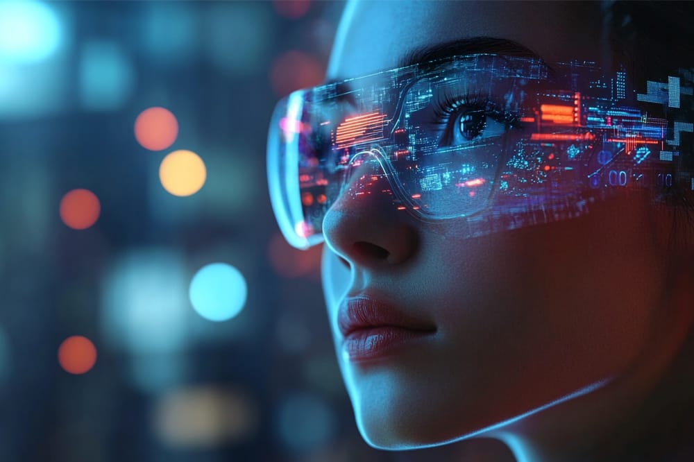 Futuristic image of woman wearing glasses to symbolise future of global optics market